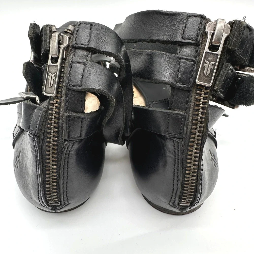 Frye Saffron Y2K Black Leather Pointed Toe Gladiator Strappy Cage Flats 8M